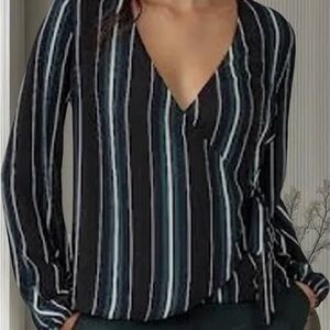 Express Black and White Striped V-Neck Blouse